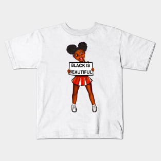 Black is beautiful black girl cheerleader with Afro hair in puffs, dimples, brown eyes and dark brown skin side profile. Hair love ! Kids T-Shirt